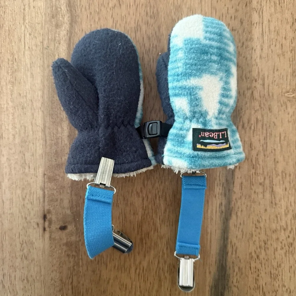 LL Bean Infant 6-12M Blue Fleece Sherpa Lined Trapper Hat & Mitten Set Toboggan